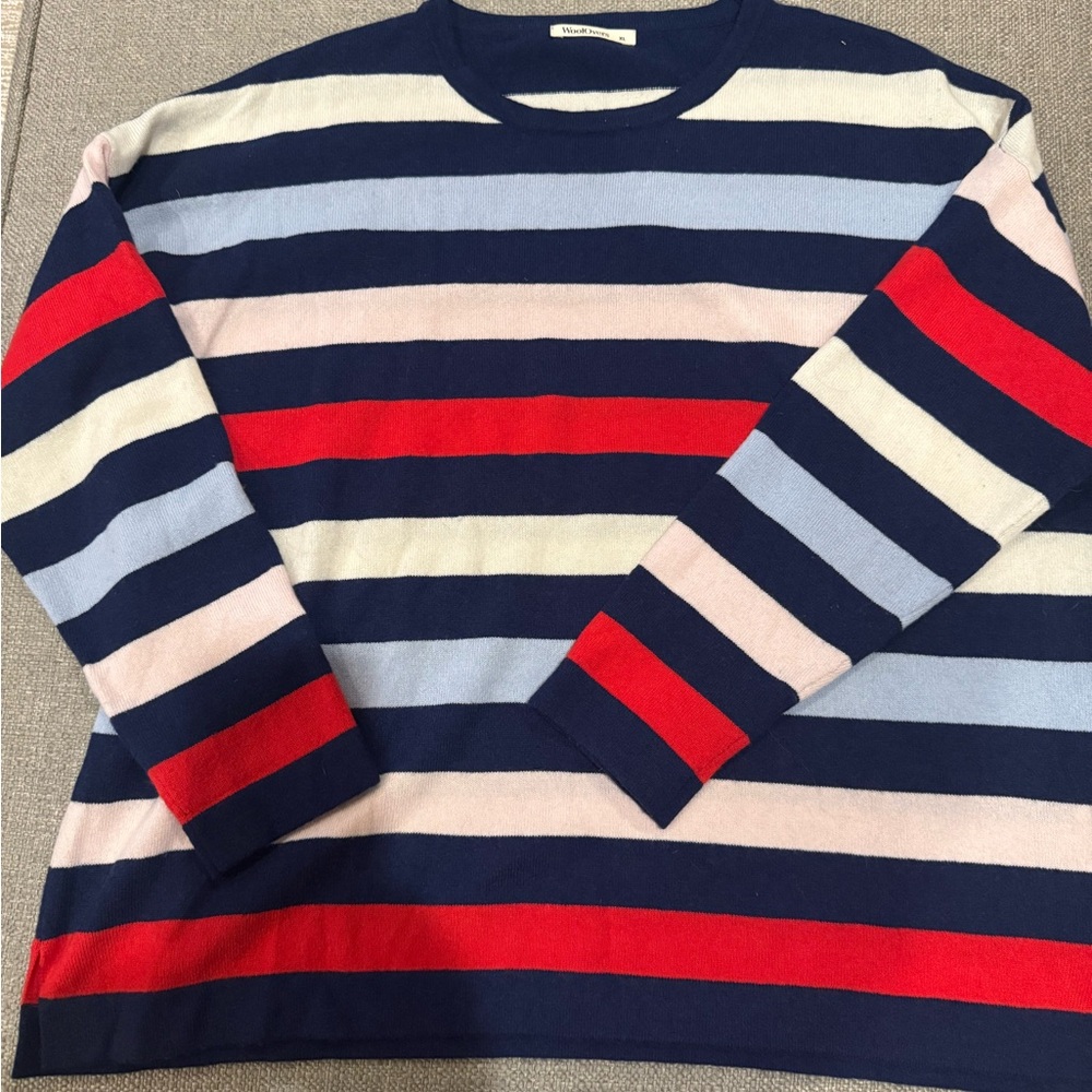 WoolOvers Size XL Striped Navy and Red Merino Wool and Cashmere Sweater